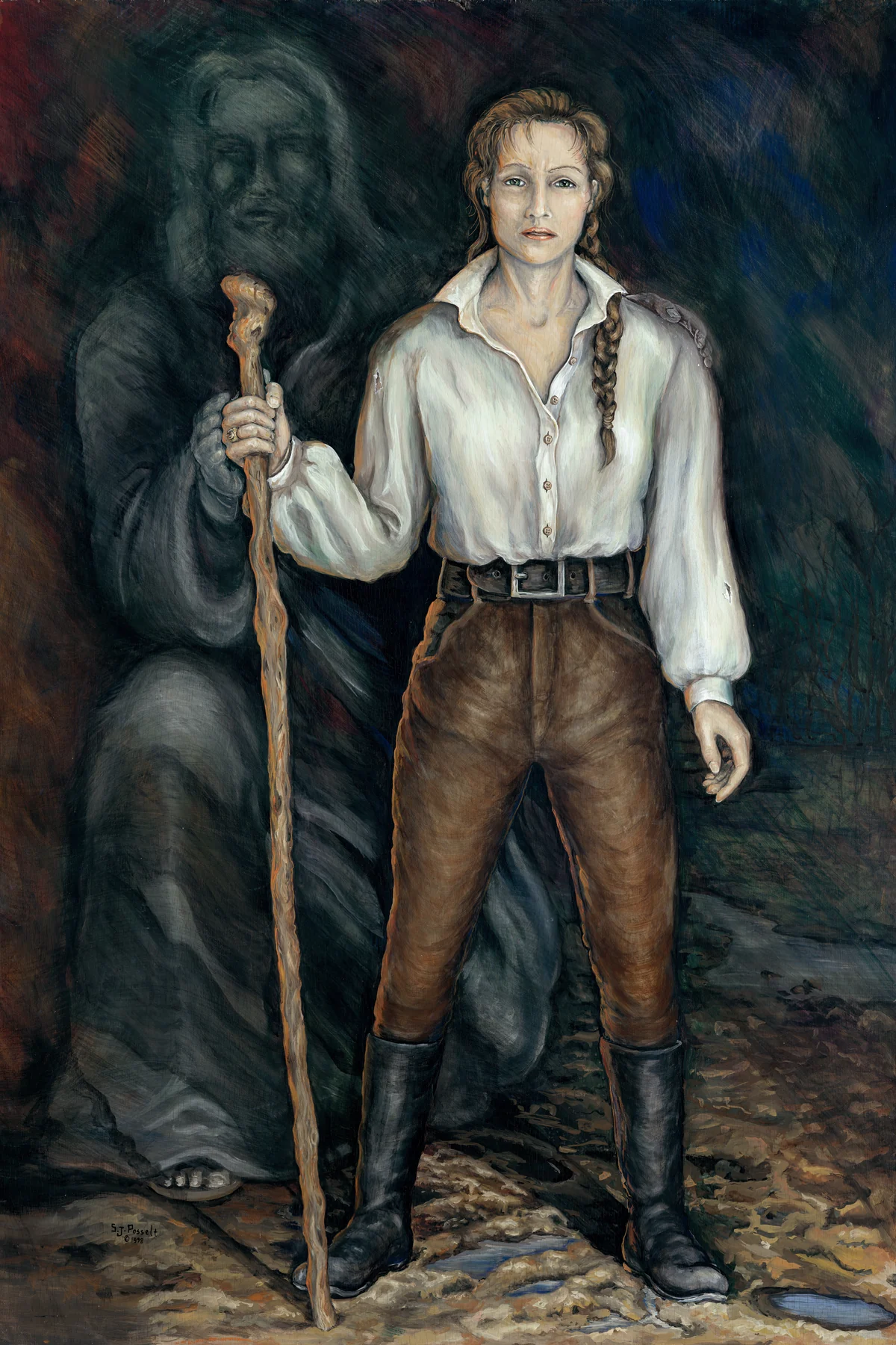 Original illustration of Sadie Rosemond standing with a staff before a shadowed figure